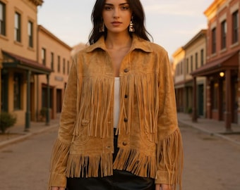 Giacca vintage in pelle scamosciata con frange anni '70: cappotto boho da cowgirl western fatto a mano