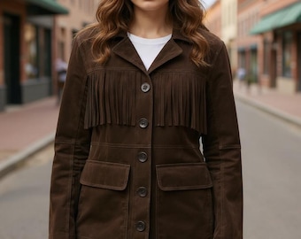Giacca western con frange in pelle scamosciata fatta a mano: stile boho da cowgirl