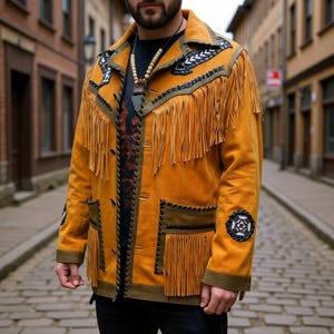 Peut inclure: Veste en daim jaune moutarde avec de longues franges. La veste présente des coutures décoratives, des ornements noirs et blancs et des accents vert olive. Un vêtement d'extérieur unique et accrocheur.