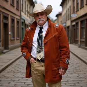 Peut inclure: Un homme porte un chapeau de cowboy beige, une veste rouille avec des détails brodés, une cravate à motifs et un pantalon kaki. La veste a des empiècements en cuir marron et des coutures décoratives. L'arrière-plan montre une rue pavée et des bâtiments.