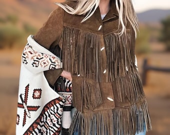 Giacca western con frange in pelle scamosciata fatta a mano: cappotto in pelle da cowgirl boho