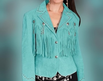 Giacca da cowgirl con frange in pelle scamosciata fatta a mano: abbigliamento western con perline