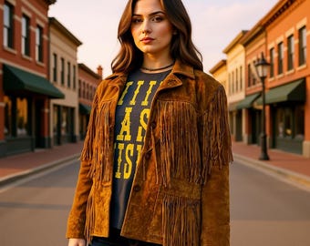 Handgefertigte Braune Wildleder Fransen Jacke: Vintage 70er Jahre Western Mantel