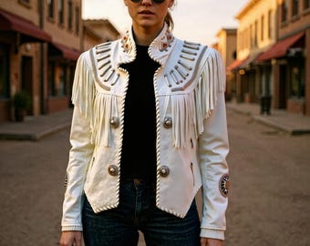 Chaqueta de gamuza con flecos y cuentas hecha a mano: estilo vaquera occidental