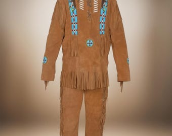 Men's Beaded Suede Powwow Outfit: Plains Style War Shirt & Pants