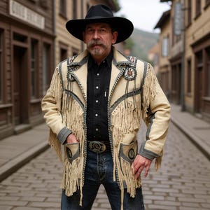 Può includere: Giacca color crema con frange, cuciture decorative e abbellimenti. La giacca è indossata sopra una camicia nera e jeans blu. Un cappello da cowboy nero e una cintura con una grande fibbia completano l'outfit di ispirazione western.