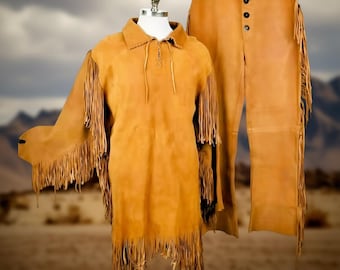 Traje de hombre de montaña con flecos de gamuza hecho a mano: estilo del Viejo Oeste