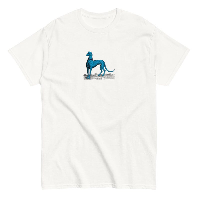 Blue Greyhound T-Shirt, Renaissance Dog Art Tee, Medieval Engraving Graphic Shirt, Surreal Fantasy Canine Illustration, Alt Aesthetic Tee