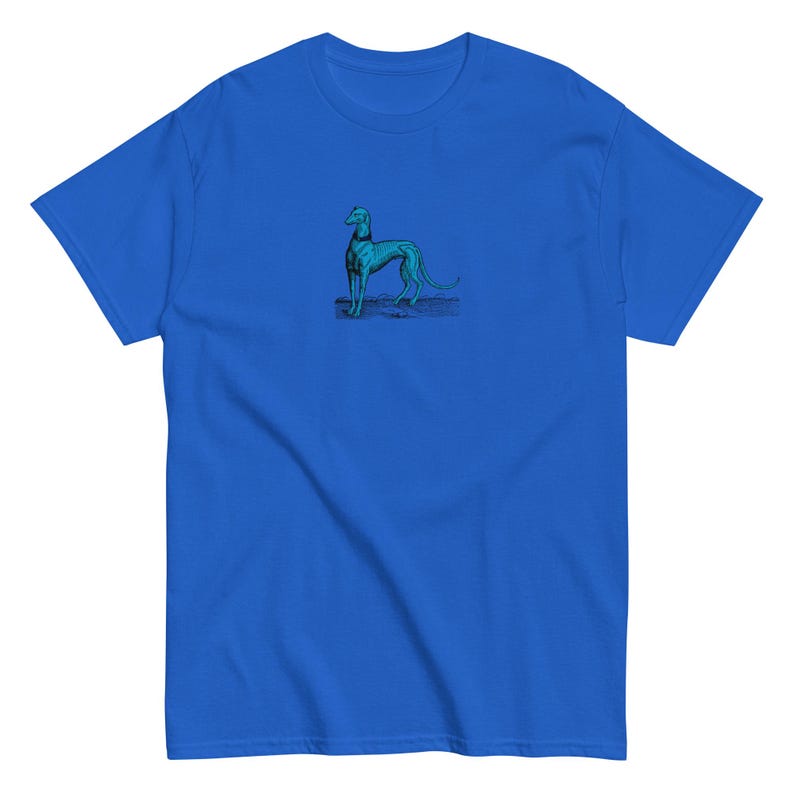 Blue Greyhound T-Shirt, Renaissance Dog Art Tee, Medieval Engraving Graphic Shirt, Surreal Fantasy Canine Illustration, Alt Aesthetic Tee