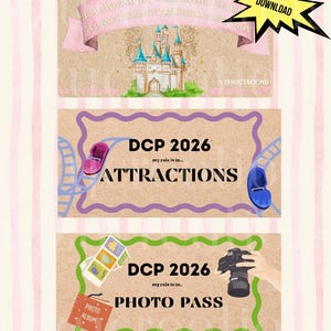 May include: Digital download featuring three themed cards. The top card has a pink banner with text and a castle illustration. The middle card says "DCP 2026 ATTRACTIONS". The bottom card says "DCP 2026 PHOTO PASS".