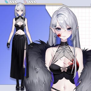 Puede incluir: Un personaje de estilo anime con largo cabello plateado y orejas puntiagudas. El personaje viste un atuendo negro con una falda plisada, un top revelador y un chal de piel. El personaje tiene marcas de sangre en la cara.