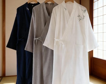 Embroidered Long Cotton Kimono Robe for Men – Lightweight Japanese Yukata in Navy Blue, White or Grey