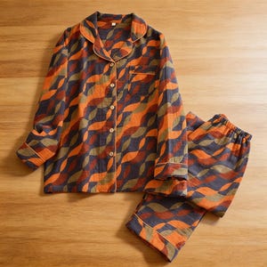May include: A two-piece pajama set featuring a wave pattern in orange, navy, and olive green. The long-sleeved top has a button-down front, a chest pocket, and orange trim. The matching pants have an elastic waistband.