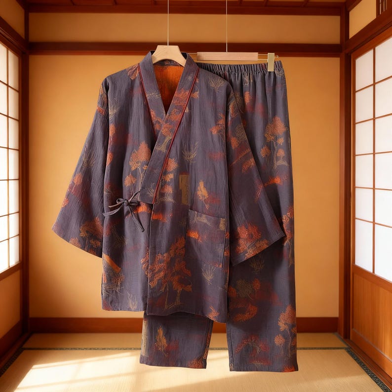 May include: A two-piece set of Japanese-style loungewear. The set includes a kimono-style jacket with a tie closure and matching pants. The fabric is a dark gray with a pattern of orange trees and foliage. The jacket has a red trim.