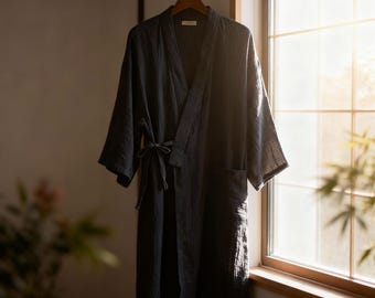 Men’s Dark Grey Cotton Kimono Robe – Lightweight Japanese Yukata, Bathrobe, Loungewear or Spa Gift for Him