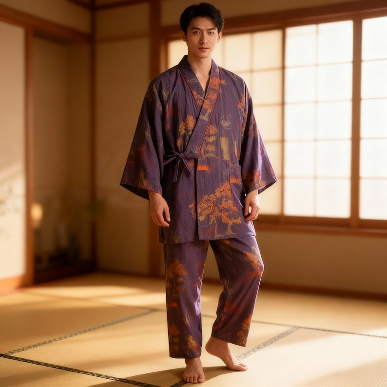 May include: A purple kimono-style robe and matching pants set. The fabric features a pattern of orange and brown trees and foliage. The robe has wide sleeves and a tie closure. The pants are loose-fitting. The outfit is worn in a room with natural light.