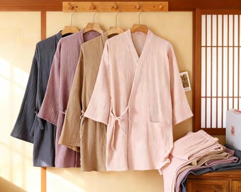 Kimono japonés de algodón para hombre o mujer: Yukata ligera para estar en casa en rosa, beige, morado o gris oscuro, pijama para pareja.