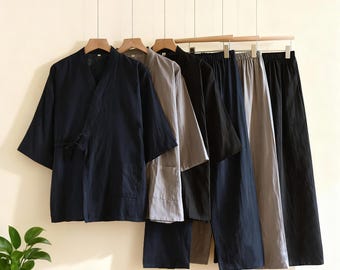 Japanischer Baumwoll Kimono Robe für Männer – Leichte Yukata Loungewear in Blau, Dunkelblau, Schwarz, Dunkelgrau oder Hellgrau – Geschenk für Ihn