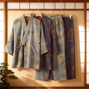 May include: Three sets of matching loungewear hanging on wooden hangers. The sets include a wrap-style top and pants. The fabric is a muted gray with a gold and rust-colored tree pattern. The background is a traditional Japanese-style room.