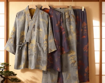 Japanese Cotton Kimono Robe for Men, Lightweight Yukata Loungewear with Scenery Patterns in Smoky Blue or Mist Grey, Gift for Him