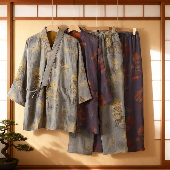 Japanese Cotton Kimono Robe for Men, Lightweight Yukata Loungewear with Scenery Patterns in Smoky Blue or Mist Grey, Gift for Him