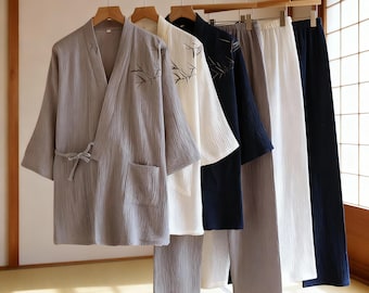 Embroidered Japanese Cotton Kimono Robe for Men – Lightweight Yukata in Navy Blue, White or Grey, Zen Spa Loungewear Gift for Him