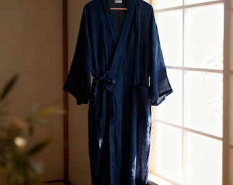 Men’s Navy Blue Cotton Kimono Robe – Lightweight Japanese Yukata, Bathrobe, Loungewear or Spa Gift for Him