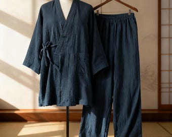 Dark Grey Japanese Cotton Kimono Robe for Men – Lightweight Yukata Loungewear, Zen Spa Robe or Casual Cover Up Gift for Him