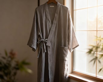 Men’s Light Grey Cotton Kimono Robe – Lightweight Japanese Yukata, Bathrobe, Loungewear or Spa Gift for Him