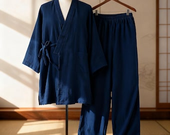 Navy Blue Japanese Cotton Kimono Robe for Men – Lightweight Yukata Loungewear, Zen Spa Robe or Casual Cover Up Gift for Him