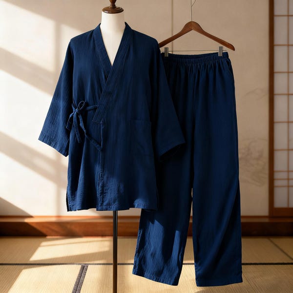 Navy Blue Japanese Cotton Kimono Robe for Men or Women – Lightweight Yukata Loungewear, Zen Spa Robe or Casual Cover Up – Gift