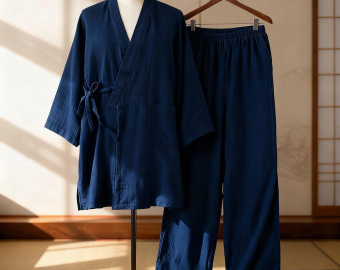 Light Robe Japanese Navy Blue Japanese Cotton Kimono Robe for Men – Lightweight Yukata ...