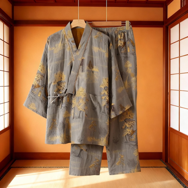 May include: A gray kimono-style robe and matching pants set. The fabric features a gold landscape pattern. The robe has a tie closure, and the pants have an elastic waistband. The set is hanging on a wooden hanger.
