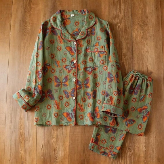 Vintage Butterfly Cotton Pajama Set for Women – Japanese Spring & Summer Loungewear, Soft Breathable Sleepwear, Gift for Her