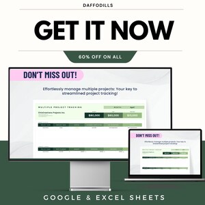 K&ouml;nnte beinhalten: Werbebild f&uuml;r Projektmanagement-Tools. Der Text "GET IT NOW" ist prominent dargestellt, darunter "60% OFF ON ALL". Ein Computermonitor und ein Laptop zeigen Projektverfolgungs-Tabellen. Der Text "GOOGLE & EXCEL SHEETS" steht unten.