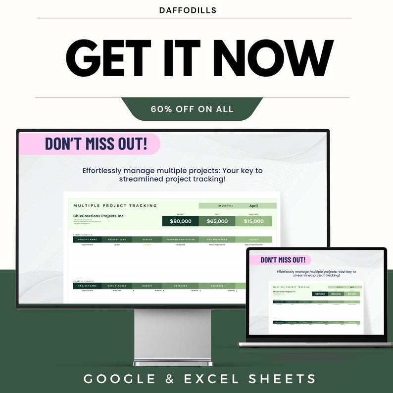 K&ouml;nnte beinhalten: Werbebild f&uuml;r Projektmanagement-Tools. Der Text "GET IT NOW" ist prominent dargestellt, darunter "60% OFF ON ALL". Ein Computermonitor und ein Laptop zeigen Projektverfolgungs-Tabellen. Der Text "GOOGLE & EXCEL SHEETS" steht unten.