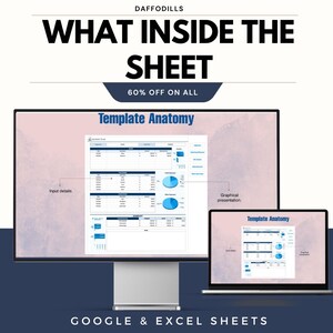 May include: A desktop computer and laptop show a spreadsheet template with the words "Template Anatomy." The image includes the text "WHAT INSIDE THE SHEET" and "60% OFF ON ALL." The bottom of the image reads "GOOGLE & EXCEL SHEETS."