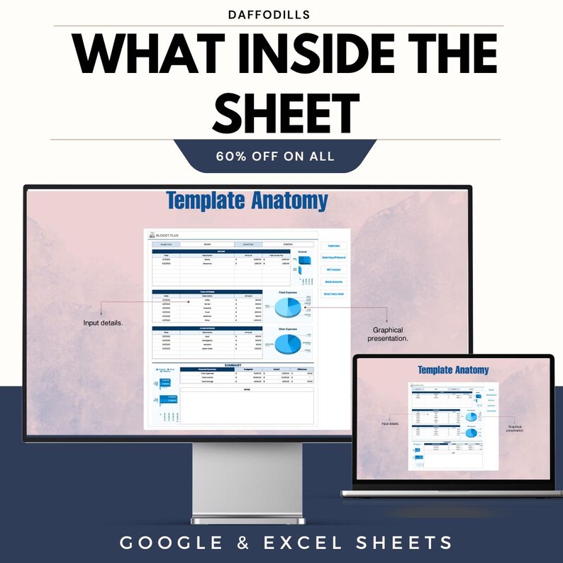 May include: A desktop computer and laptop show a spreadsheet template with the words "Template Anatomy." The image includes the text "WHAT INSIDE THE SHEET" and "60% OFF ON ALL." The bottom of the image reads "GOOGLE & EXCEL SHEETS."