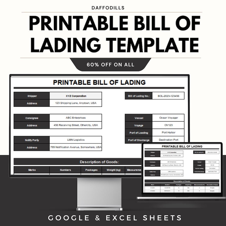 Printable Bill of Lading Template | Google Sheets and Excel | Shipping ...