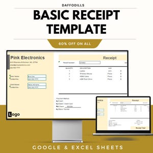May include: A computer monitor and laptop display a receipt template with the text "BASIC RECEIPT TEMPLATE" and "Pink Electronics" details. The template includes fields for quantity, description, and unit price. The image also includes the text "60% OFF ON ALL".