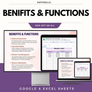 Peut inclure: Image de marketing num&eacute;rique avec le texte "BENIFITS & FUNCTIONS" et "60% OFF ON ALL". L'image montre un ordinateur de bureau, une tablette et un ordinateur portable affichant un mod&egrave;le de suivi de projet. Le texte "GOOGLE & EXCEL SHEETS" est en bas.
