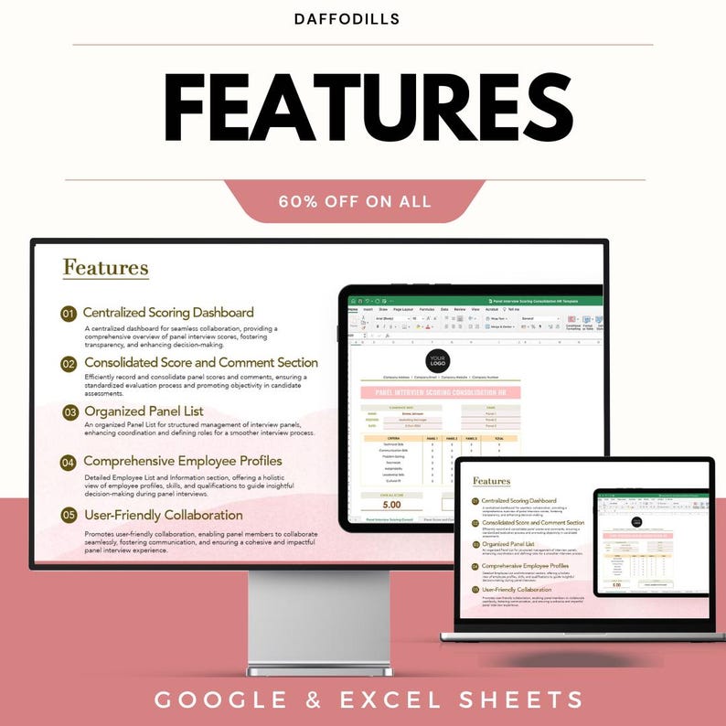 May include: A digital marketing graphic with the text "FEATURES" and "60% OFF ON ALL." The image displays a computer monitor, tablet, and laptop, each showcasing a spreadsheet interface with features like "Centralized Scoring Dashboard."