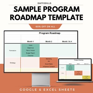 Pu&ograve; includere: Un monitor di computer e un laptop mostrano un "Modello di roadmap di esempio del programma" con il testo "SCONTO DEL 60% SU TUTTO". La roadmap include sezioni per Formazione e Strategia, con intestazioni per il mese 1, il mese 2 e il mese 3 e 4. La parte inferiore dell'immagine recita "GOOGLE & EXCEL SHEETS".