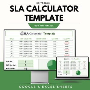May include: An image of an SLA Calculator Template displayed on a computer monitor and a laptop. The template includes data tables and charts, with the text "SLA CALCULATOR TEMPLATE" and "60% OFF ON ALL" in bold, black lettering.