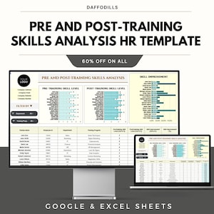 Könnte beinhalten: Eine digitale HR-Vorlage mit dem Titel "Pre- und Post-Training Skills Analysis" mit 60 % Rabatt. Die Vorlage wird auf einem Computermonitor und einem Laptop angezeigt und zeigt Datenanalyse-Diagramme und -Tabellen. Kompatibel mit Google und Excel Sheets.