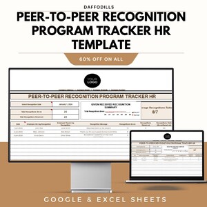May include: A computer monitor and laptop display a "Peer-to-Peer Recognition Program Tracker HR" template. The template includes sections for recognition date, employee details, and recognition messages. The image also includes the text "60% OFF ON ALL".