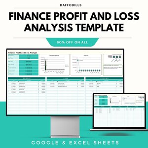 May include: A computer monitor and laptop display a finance profit and loss analysis template. The template includes charts and tables for revenue, costs, and expenses. Text on the image reads "Finance Profit and Loss Analysis Template" and "60% OFF ON ALL".