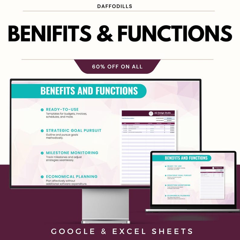 Pode incluir: An&uacute;ncio de produto digital com um computador desktop e um laptop exibindo modelos de planilhas. O texto diz "BENIFITS & FUNCTIONS" e "60% OFF ON ALL". As telas exibem "BENEFITS AND FUNCTIONS" com marcadores para modelos, busca de metas, monitoramento de marcos e planejamento econ&ocirc;mico.