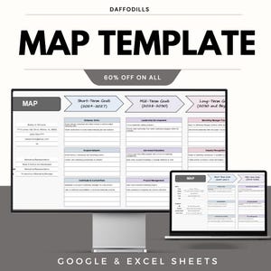 Peut inclure: Un modèle de carte de marketing numérique affiché sur un écran d'ordinateur et un ordinateur portable. Le modèle comprend des sections pour les objectifs à court, moyen et long terme. Le texte "MAP TEMPLATE" et "60% OFF ON ALL" sont visibles. Disponible en Google & Excel Sheets.