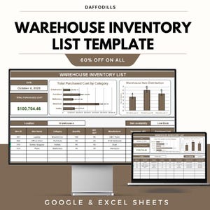 Op de afbeelding: Een sjabloon voor een magazijninventarislijst weergegeven op een computermonitor en een laptop. De sjabloon bevat grafieken en tabellen met gegevens. De tekst "WAREHOUSE INVENTORY LIST TEMPLATE" staat bovenaan, met "60% OFF ON ALL" eronder. Ontworpen voor Google & Excel Sheets.